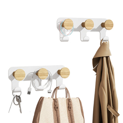 Porte-manteau double KAPANOU avec crochets, lot de 2, 6 crochets, crochets muraux en métal robuste avec cintre rustique en bois pour serviettes, chapeaux, sacs à dos, crochets de décoration pour porte, salle de bain, chambre, entrée (bois marron/blanc)