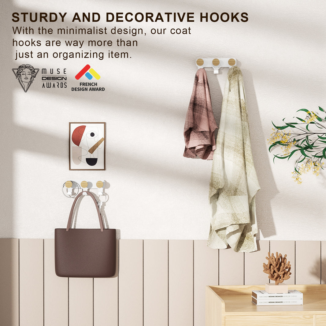 Wall Hanger-BBB04-White）KAPANOU dual Coat Rack With Hooks 2 Pack 6 Hooks, Heavy Duty Metal Wall Hooks with Wooden Rustic Hanger for Towels, Hats, Backpack, Home Decor Hooks for Door, Bathroom, Bedroom, Entryway (Wood Brown / White)