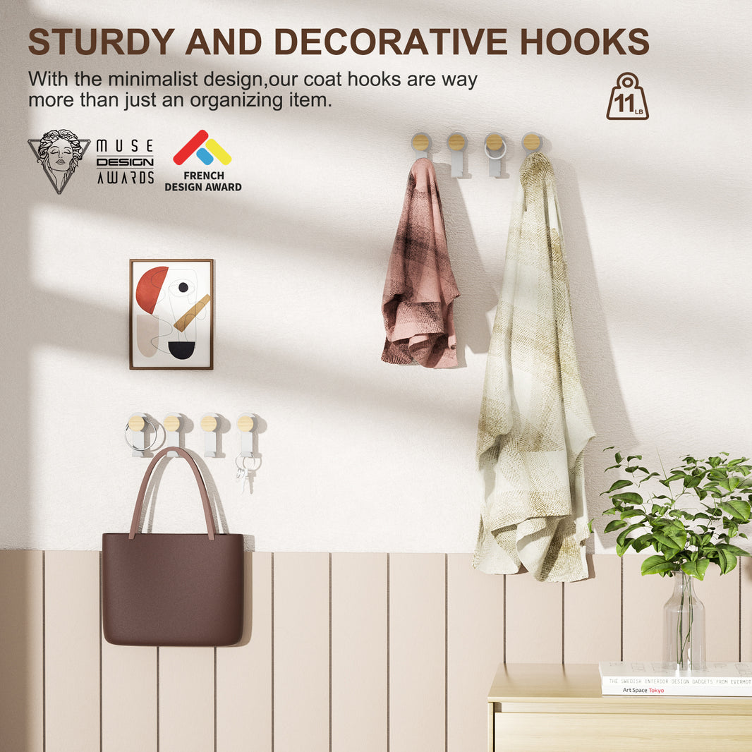 Wall Hanger-BBB01-White）KAPANOU Dual Coat Hooks for Wall mounted Set of 8, Rustic Wooden Hook with Heavy Duty Metal Hanger for Towels, Hats, Backpack, Home Decor Hooks for Door, Bathroom, Bedroom, Entryway (Wood Brown / White)