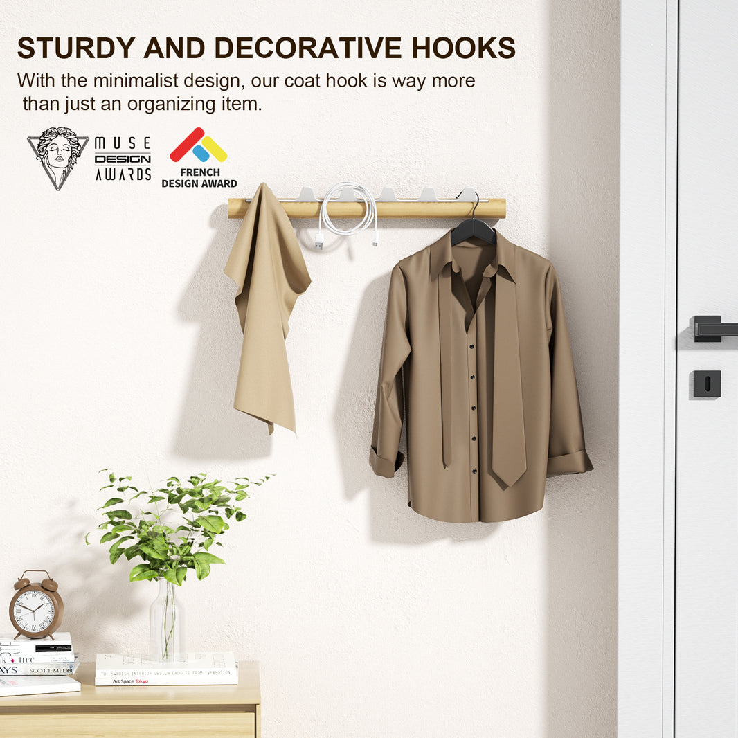 Floating shelf-BBB06-White）KAPANOU Wall Mounted Coat Rack With 6 Hooks, Rustic Wooden Coat Rail with Heavy Duty Metal Hooks for Towels, Hats, Backpack, Clothes Hangers for Door, Bathroom, Bedroom, Entryway (Wood Brown / White)