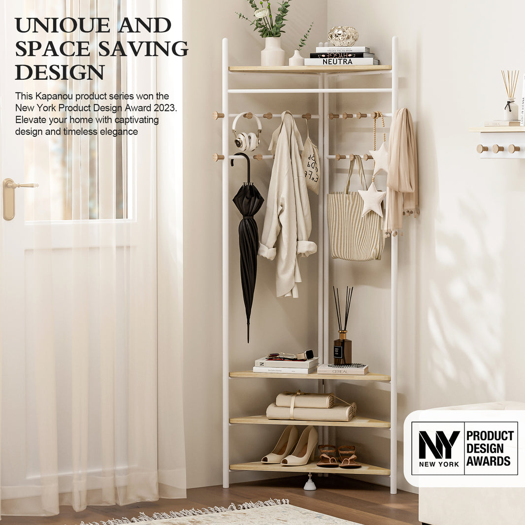 KAPANOU Corner Metal Coat Rack Freestanding Entryway Clothes Hanger with 18 Wooden Hooks and 4 Shelves for Bedroom (White)