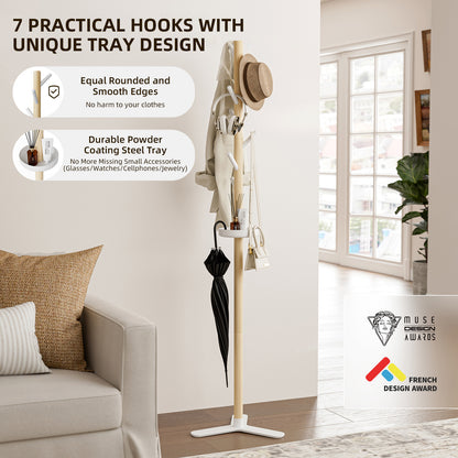 KAPANOU Wooden Coat Rack Free Standing Entryway Hall Tree, Rustic Coat Hanger Stand with Storage Tray 7 Hooks for Hat, Purse, Jacket, Umbrella and Accessories, Wood Brown/ White