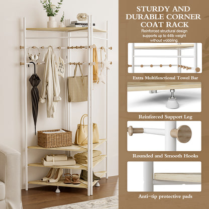 KAPANOU Corner Metal Coat Rack Freestanding Entryway Clothes Hanger with 18 Wooden Hooks and 4 Shelves for Bedroom (White)