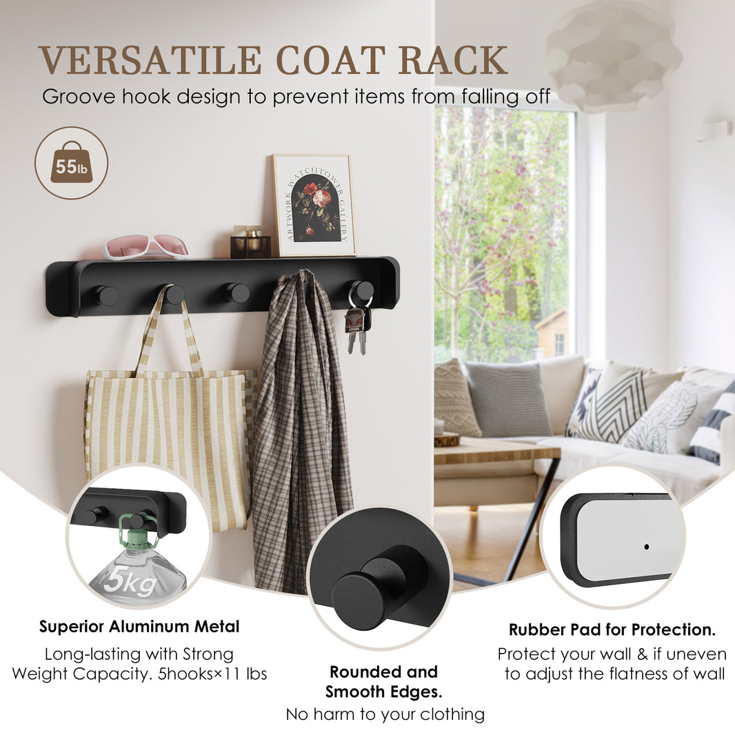 Floating shelf-AAA08-Black）KAPANOU Wall Mounted Coat Rack with Shelf-5 Hooks, Coat Rail with Heavy Duty Metal Hooks for Bathroom, Bedroom, Entryway, Modern and Decorative Aluminum Wall Hanger for Hanging Coats, Towels, Hats (Black)