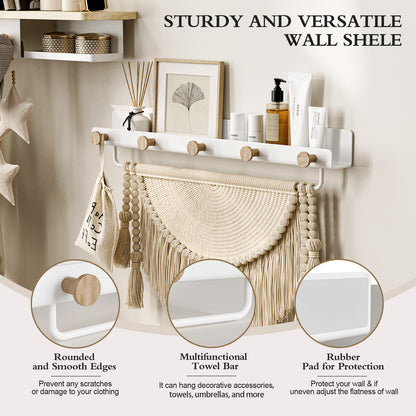 Floating shelf-CCC002-W）KAPANOU Floating Shelves with Lip, Coat Hooks & Towel Rack, Natural Wood Grain Wall Shelf for Bathroom, Bedroom, Living Room (White)