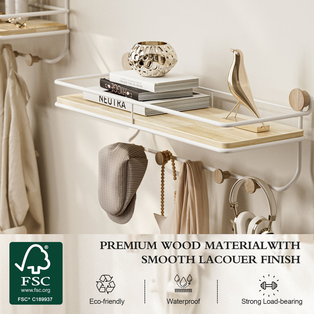 Floating shelf-CCC001-W）KAPANOU Floating Shelves with Coat Hooks Rail, Wall Mounted Natural Wood Grain Shelf for Bathroom, Bedroom, Living Room (White)