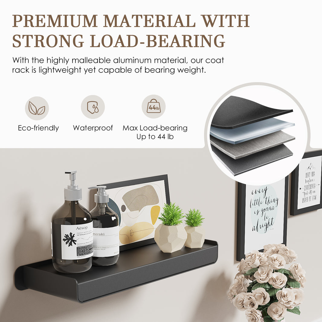 Floating shelf-AAA06-Black）KAPANOU Black Floating Shelves for Wall Display, Wall Mounted Aluminum Shelf for Book Storage, Bathroom, Living Room, Bedroom, Kitchen, Modern and Heavy Duty Hanging Shelves for Home Decor