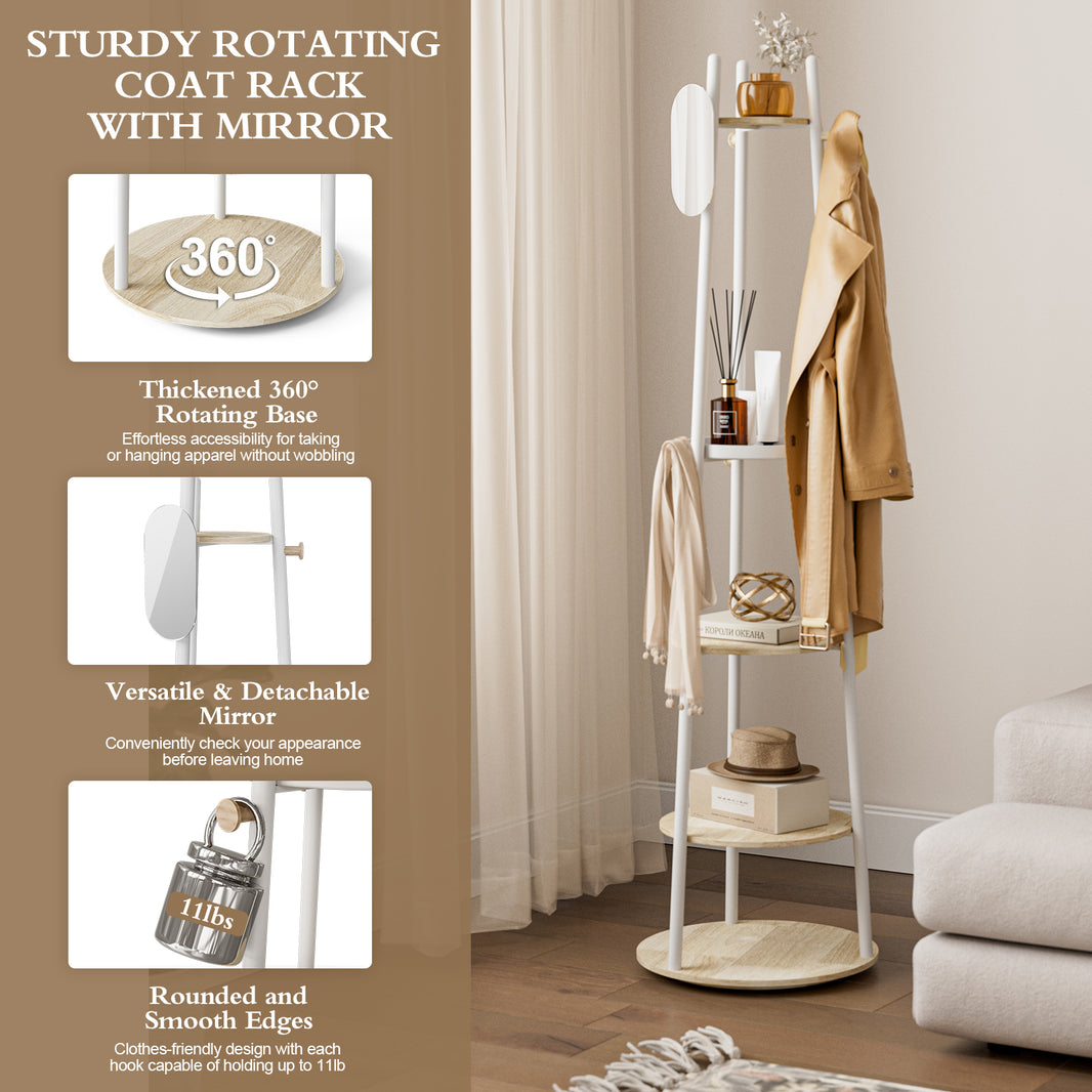 KAPANOU Rotatable Coat Rack Stand Coat Tree with 6 Hooks and 5 Shelves for Entryway Bedroom (White)