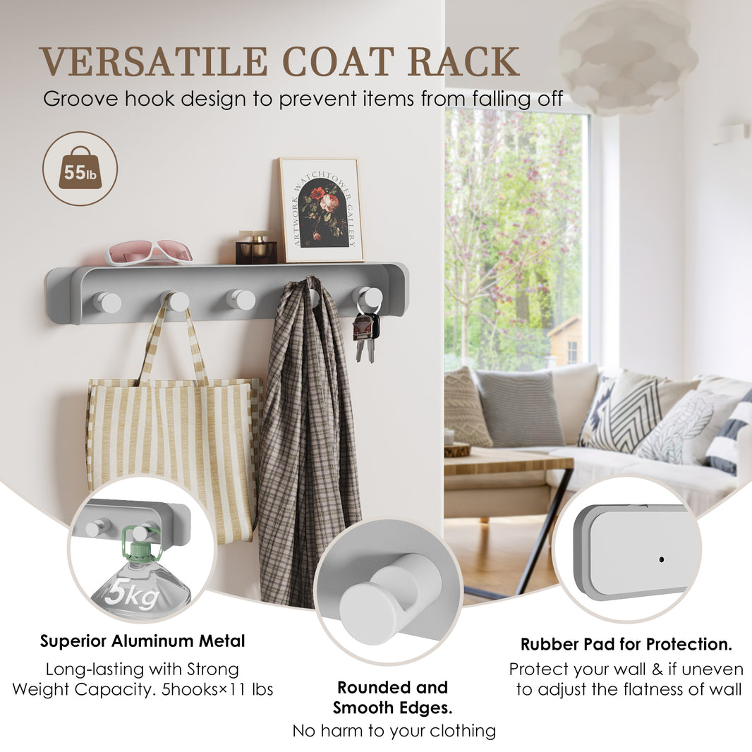 Floating shelf-AAA07-Grey）KAPANOU Coat Rack Wall Mount with Shelf-5 Hooks, Sturdy Metal Coat Hook Rail for Bathroom, Bedroom, Entryway, Versatile and Decorative Aluminum Clothes Hanger for Hanging Towels, Hats, Bag (Grey)