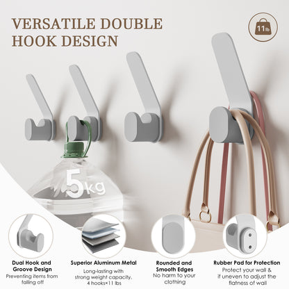 KAPANOU Lot de 4 patères murales doubles en métal robuste pour salle de bain, chambre, entrée, crochets muraux polyvalents et décoratifs en aluminium pour suspendre serviettes, chapeaux, sacs (gris)