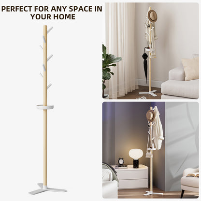 KAPANOU Wooden Coat Rack Free Standing Entryway Hall Tree, Rustic Coat Hanger Stand with Storage Tray 7 Hooks for Hat, Purse, Jacket, Umbrella and Accessories, Wood Brown/ White