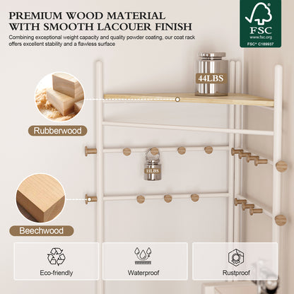 KAPANOU Corner Metal Coat Rack Freestanding Entryway Clothes Hanger with 18 Wooden Hooks and 4 Shelves for Bedroom (White)