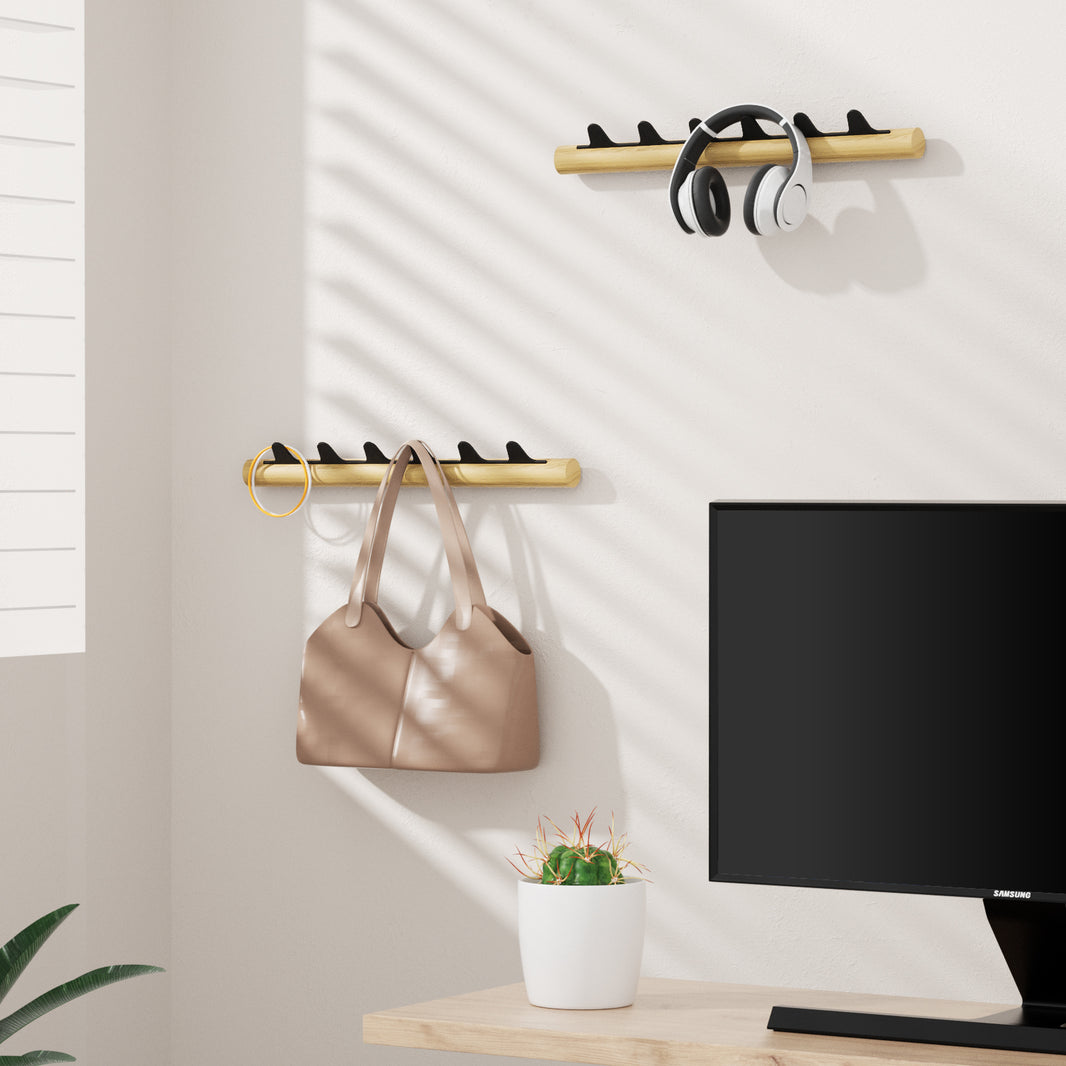 Floating shelf-BBB07-Black）KAPANOU Wall mounted Coat Rack with 6 Hooks, Vintage Brown Rubberwood Coat Rail with Sturdy Black Metal Hanger for Jackets, Towels Or Hats, Decorative Hooks for Bathroom, Bedroom, Entryway