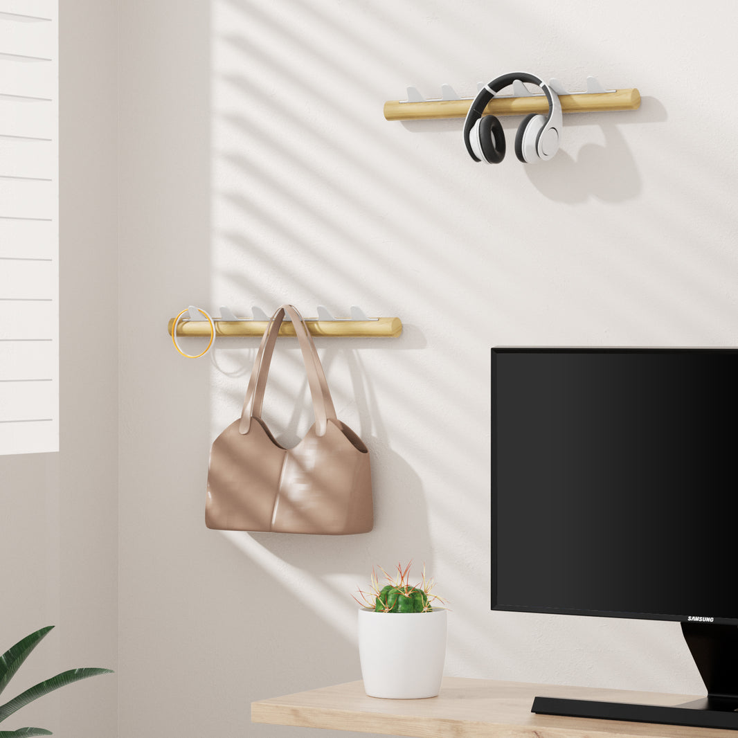 Floating shelf-BBB06-White）KAPANOU Wall Mounted Coat Rack With 6 Hooks, Rustic Wooden Coat Rail with Heavy Duty Metal Hooks for Towels, Hats, Backpack, Clothes Hangers for Door, Bathroom, Bedroom, Entryway (Wood Brown / White)