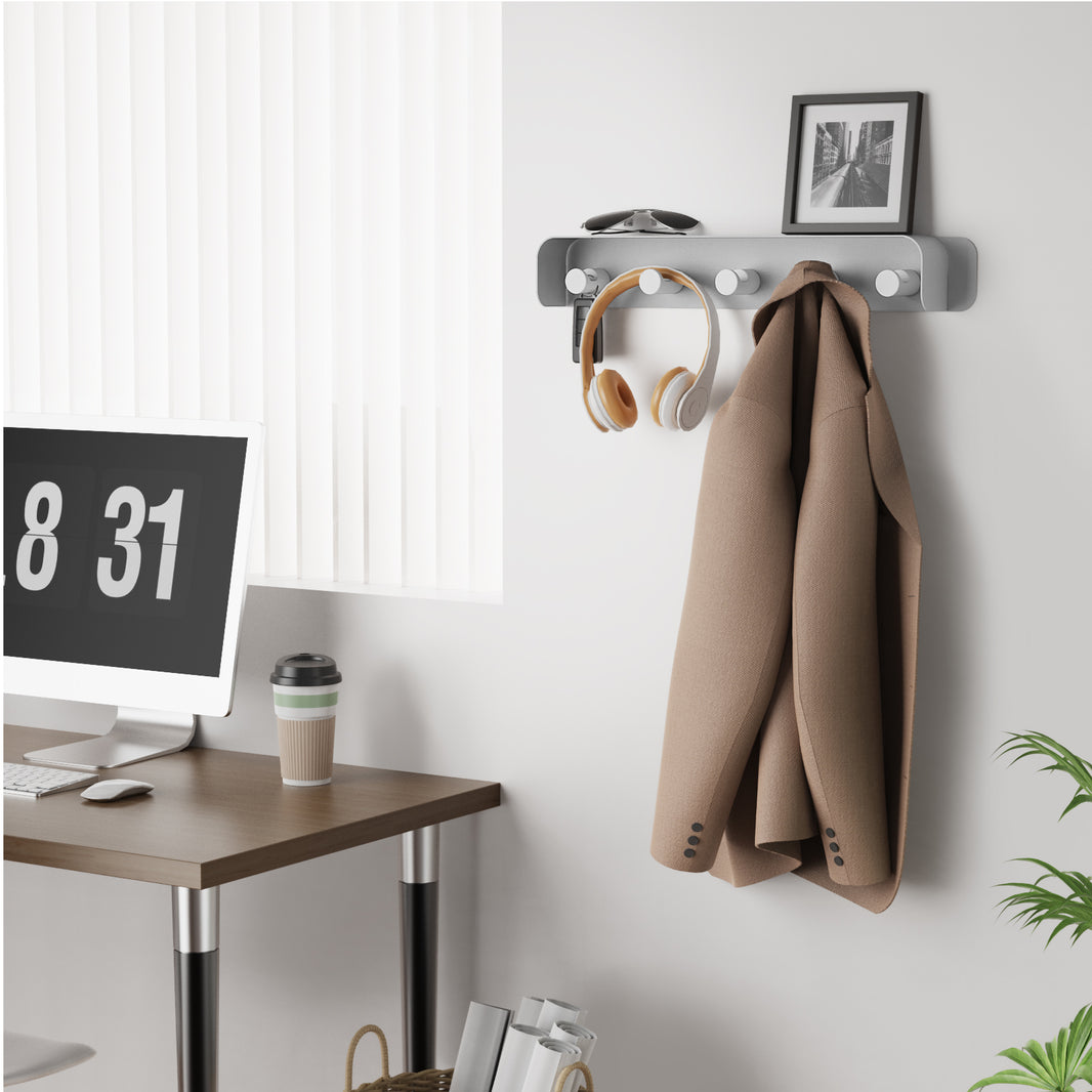 Floating shelf-AAA07-Grey）KAPANOU Coat Rack Wall Mount with Shelf-5 Hooks, Sturdy Metal Coat Hook Rail for Bathroom, Bedroom, Entryway, Versatile and Decorative Aluminum Clothes Hanger for Hanging Towels, Hats, Bag (Grey)