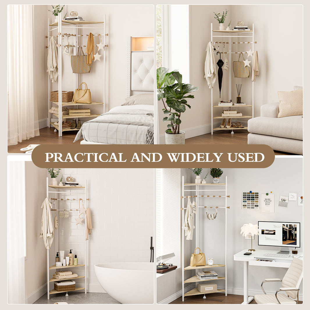 KAPANOU Corner Metal Coat Rack Freestanding Entryway Clothes Hanger with 18 Wooden Hooks and 4 Shelves for Bedroom (White)