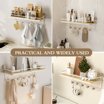 KAPANOU Floating Shelves with Coat Hooks Rail, Wall Mounted Natural Wood Grain Shelf for Bathroom, Bedroom, Living Room (White)