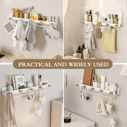 Floating shelf-CCC002-W）KAPANOU Floating Shelves with Lip, Coat Hooks & Towel Rack, Natural Wood Grain Wall Shelf for Bathroom, Bedroom, Living Room (White)
