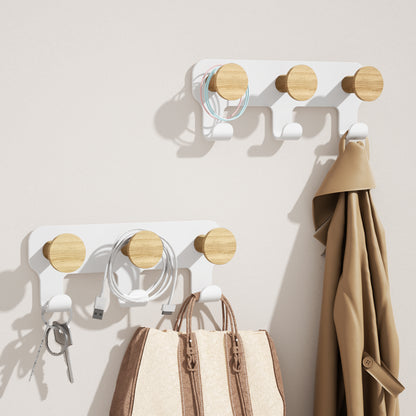 Porte-manteau double KAPANOU avec crochets, lot de 2, 6 crochets, crochets muraux en métal robuste avec cintre rustique en bois pour serviettes, chapeaux, sacs à dos, crochets de décoration pour porte, salle de bain, chambre, entrée (bois marron/blanc)