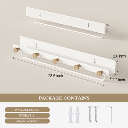 Floating shelf-CCC002-W）KAPANOU Floating Shelves with Lip, Coat Hooks & Towel Rack, Natural Wood Grain Wall Shelf for Bathroom, Bedroom, Living Room (White)